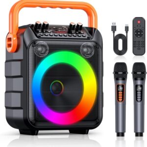 Karaoke Machine With 2 Wireless Microphones And RGB Color Lights,Karaoke Speaker Supports